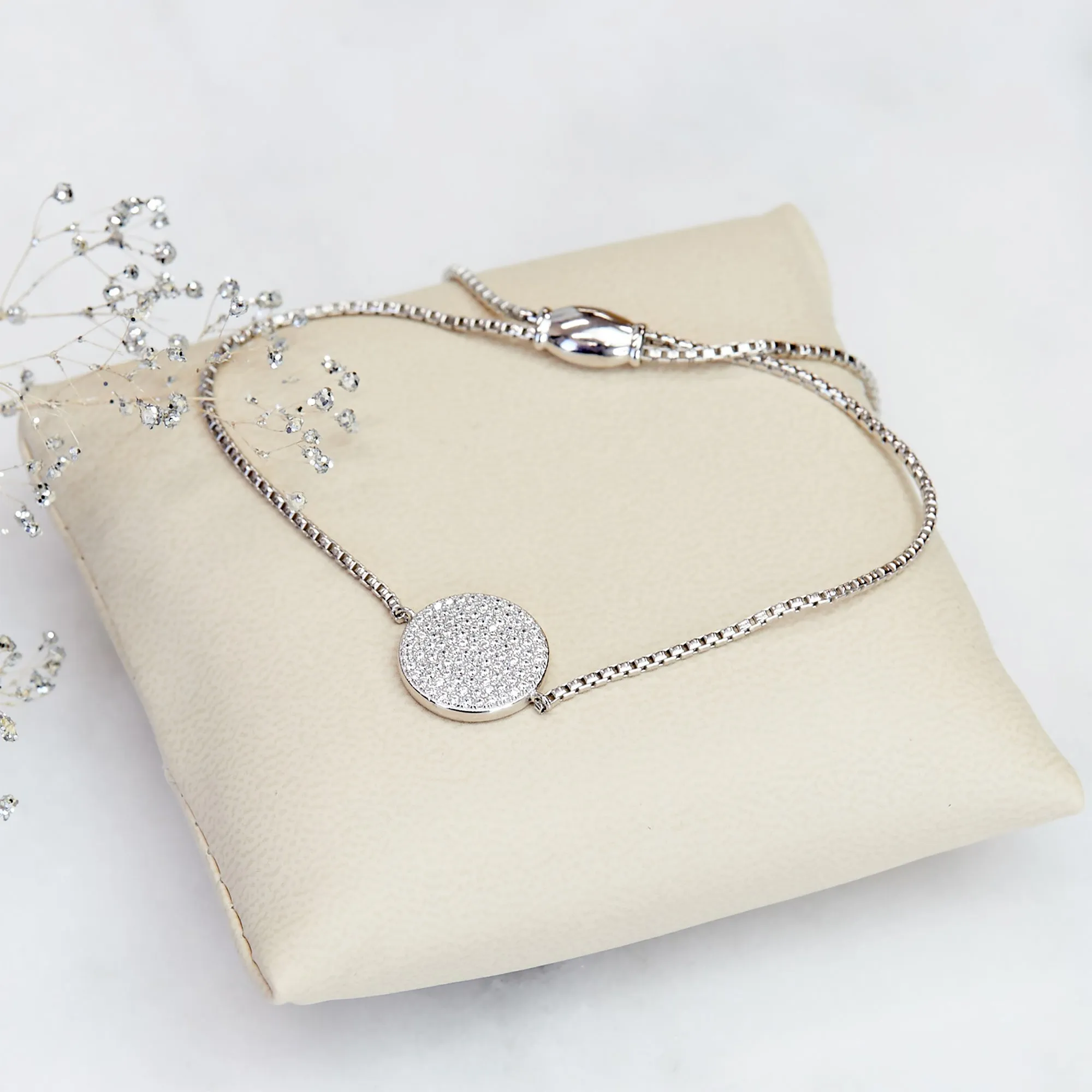 Adjustable Pave Circle Charm Bracelet, Platinum Plated Sterling Silver