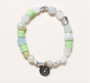 African Vinyl Disc, Phantom Quartz, Aquamarine, Brass with Turkish pendant in silver/Gold & Diamond