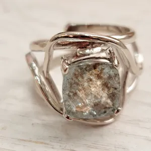 Aquamarine & Copper Adjustable Finger Bracelet .925 Silver for Improved Communication and Peace