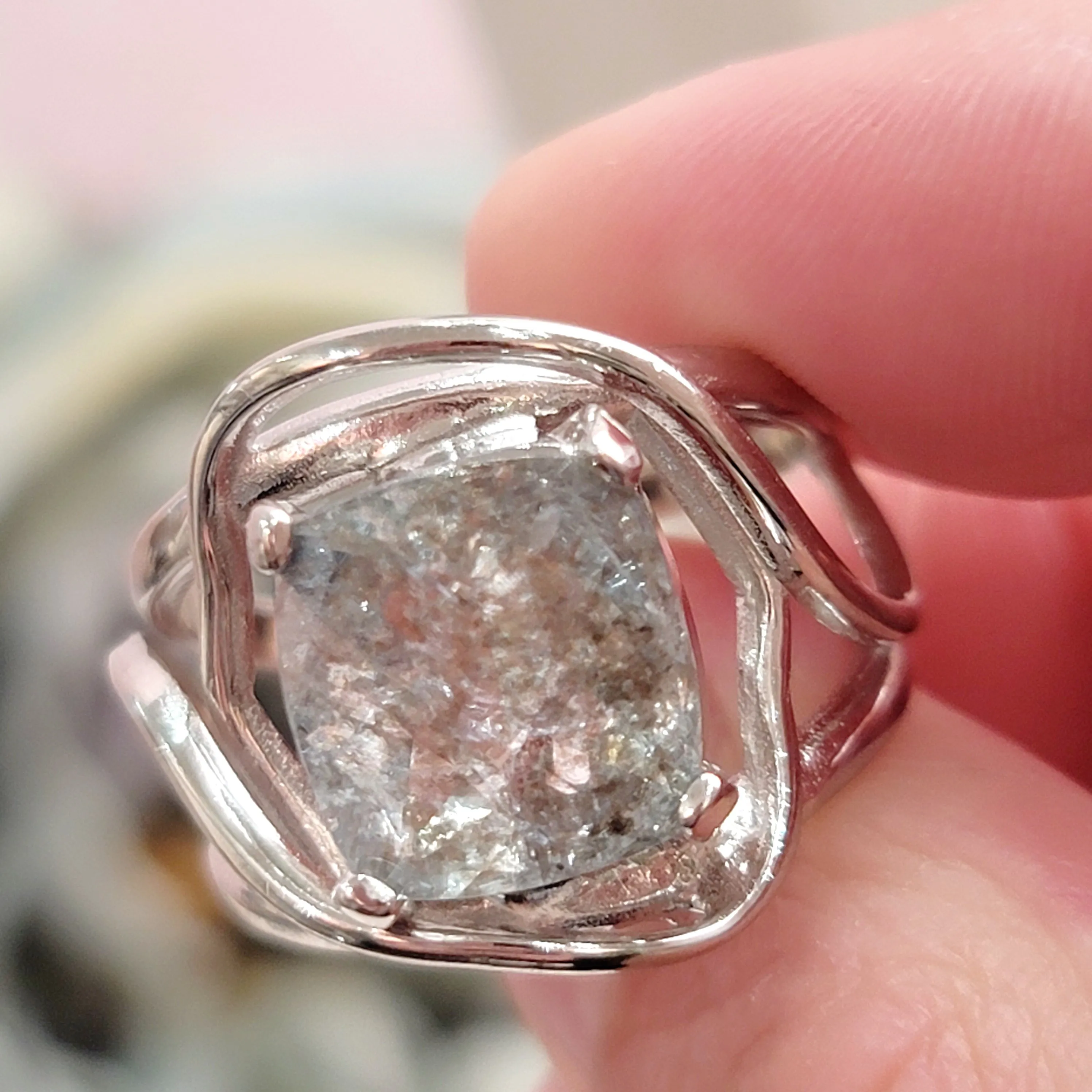 Aquamarine & Copper Adjustable Finger Bracelet .925 Silver for Improved Communication and Peace