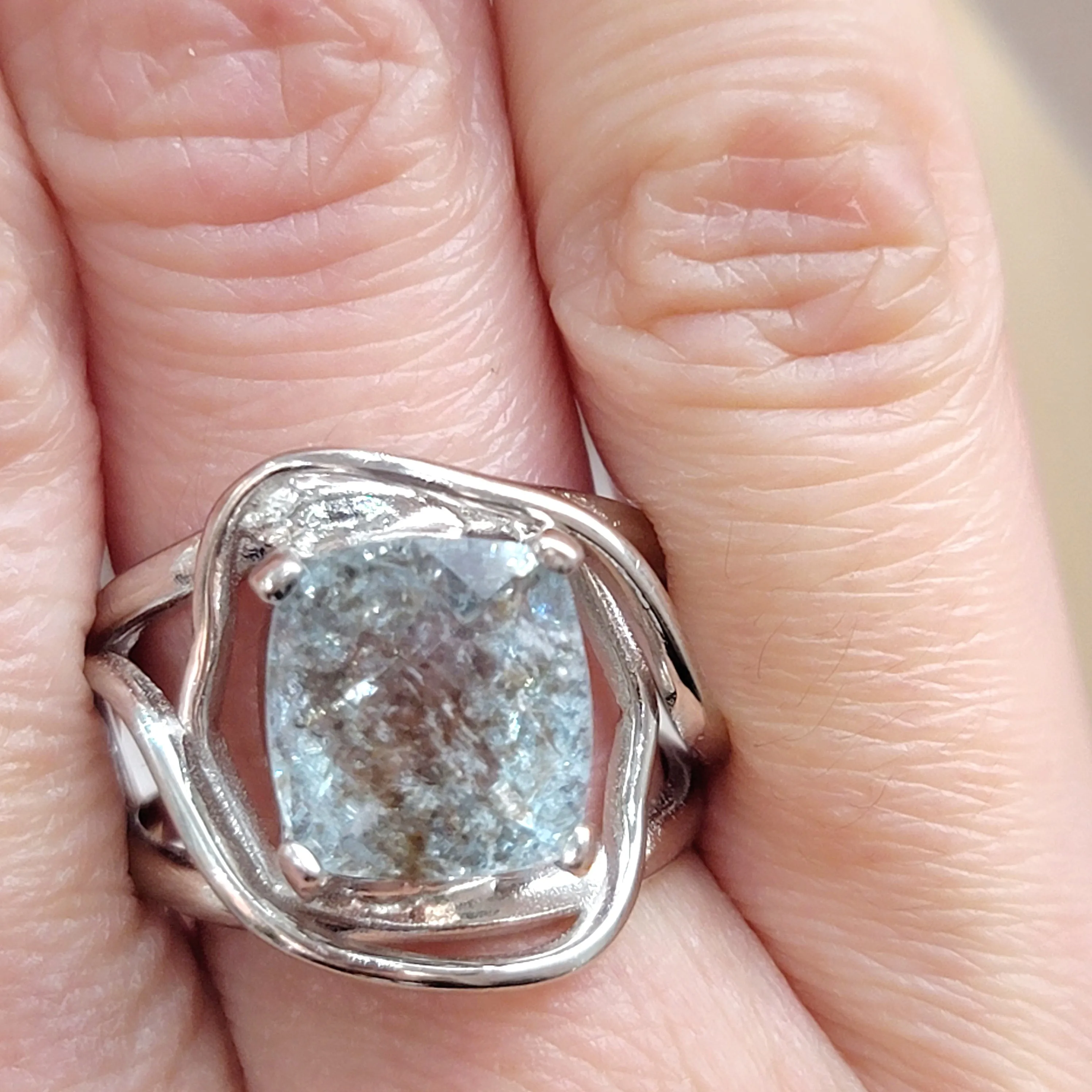 Aquamarine & Copper Adjustable Finger Bracelet .925 Silver for Improved Communication and Peace