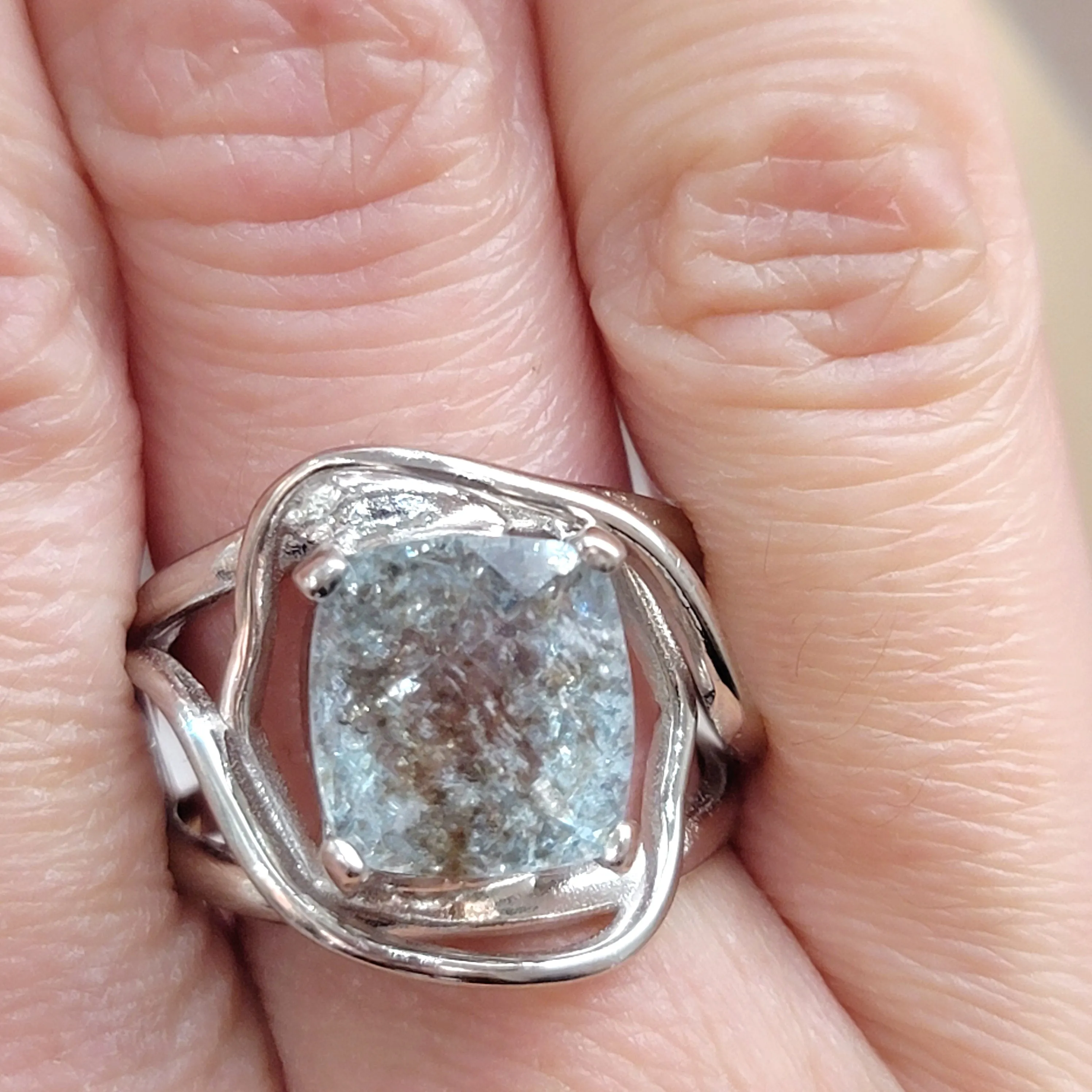 Aquamarine & Copper Adjustable Finger Bracelet .925 Silver for Improved Communication and Peace