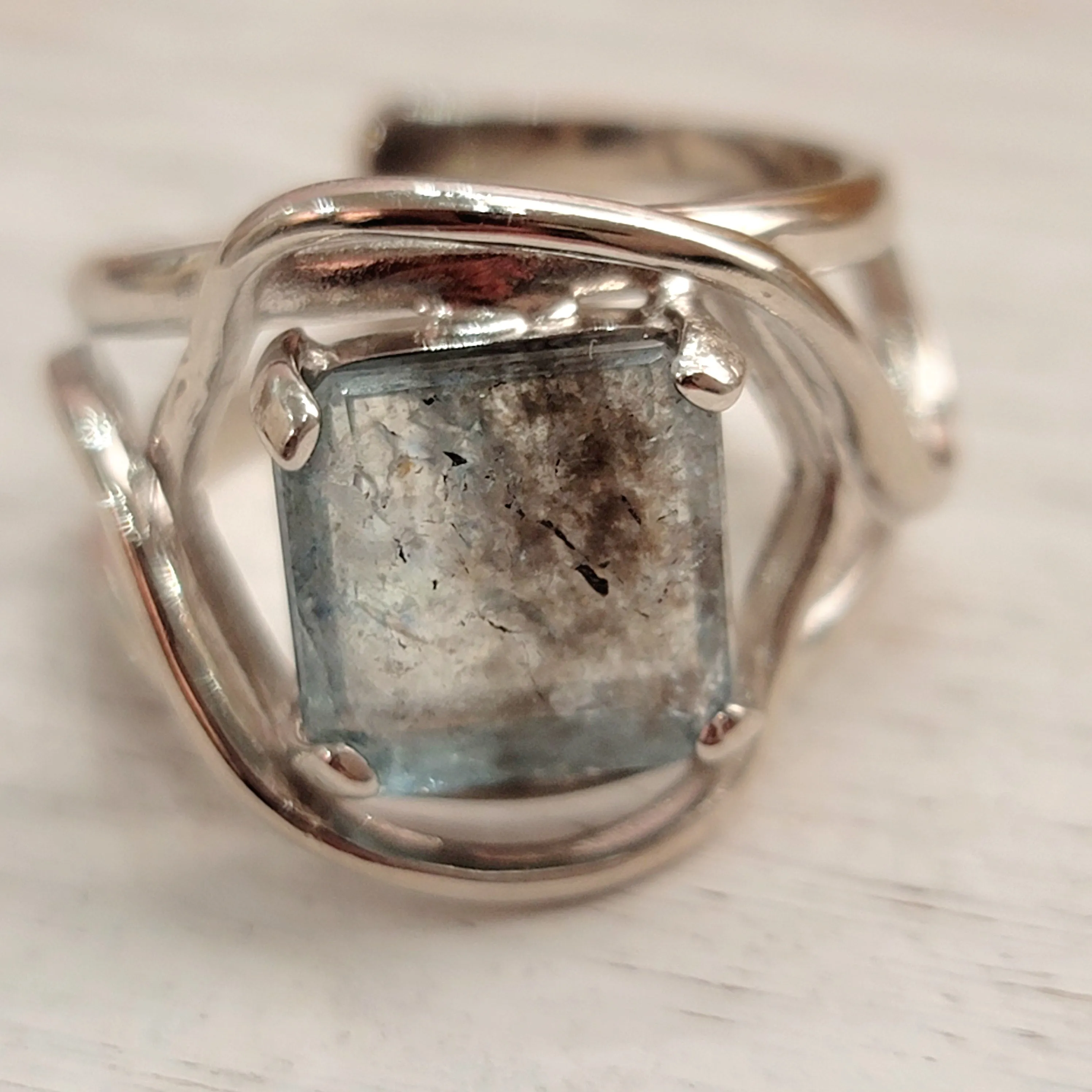 Aquamarine & Copper Adjustable Finger Bracelet .925 Silver for Improved Communication and Peace