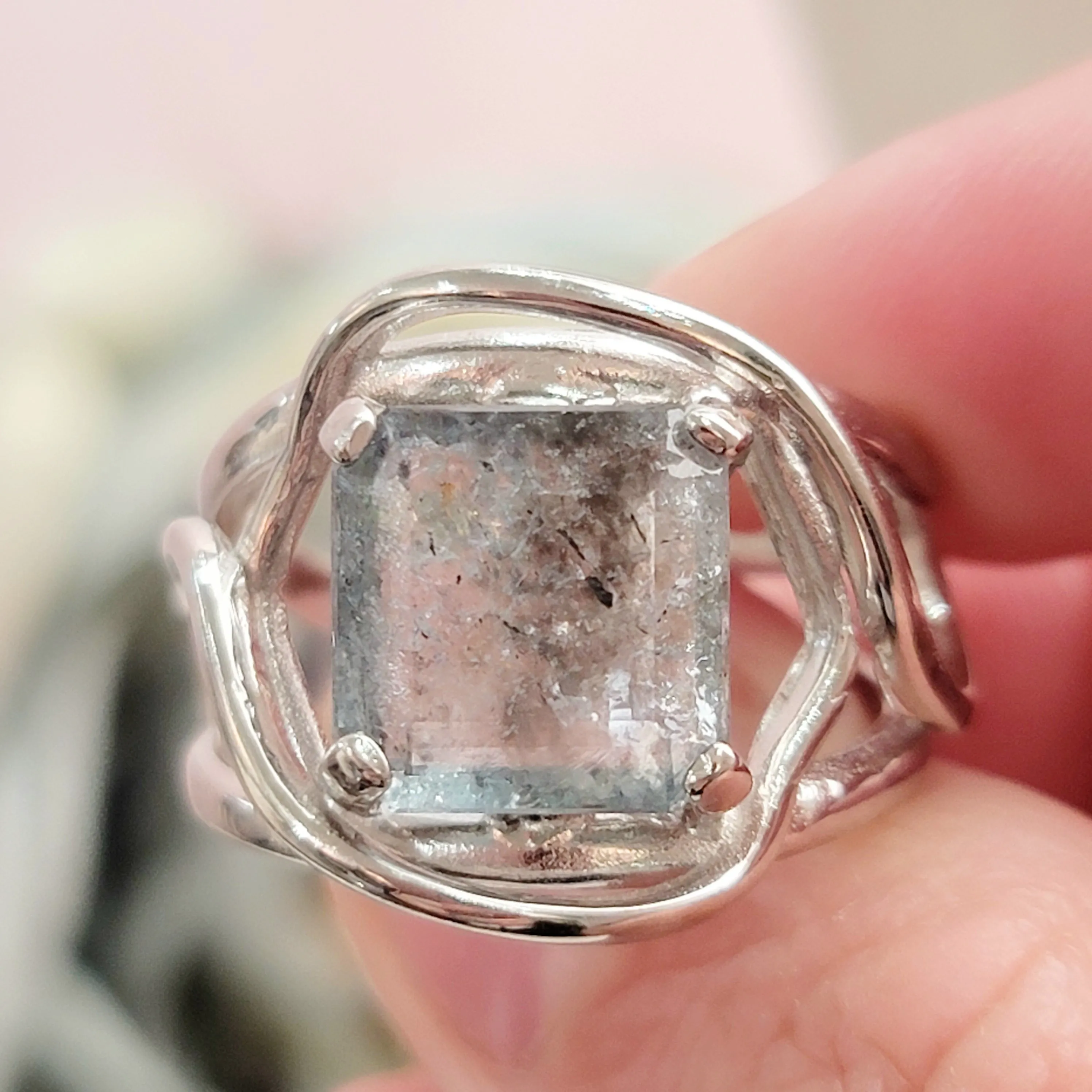 Aquamarine & Copper Adjustable Finger Bracelet .925 Silver for Improved Communication and Peace