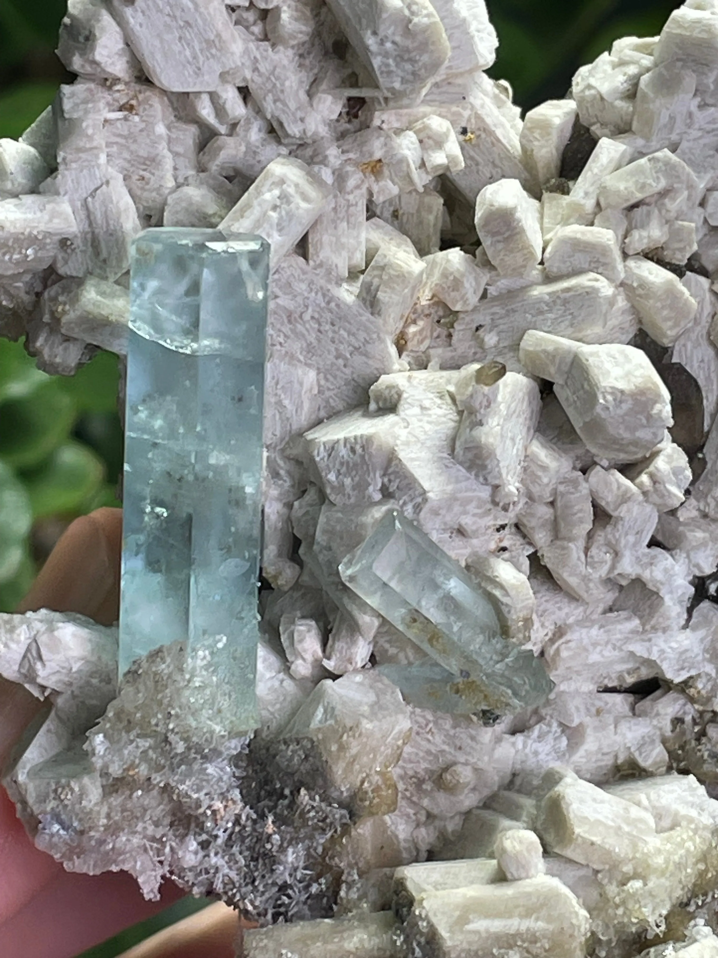 Aquamarine Specimen on Feldspar with Hyalite opal, and Smoky Quartz from Erongo Mountain, Erongo Region, Namibia