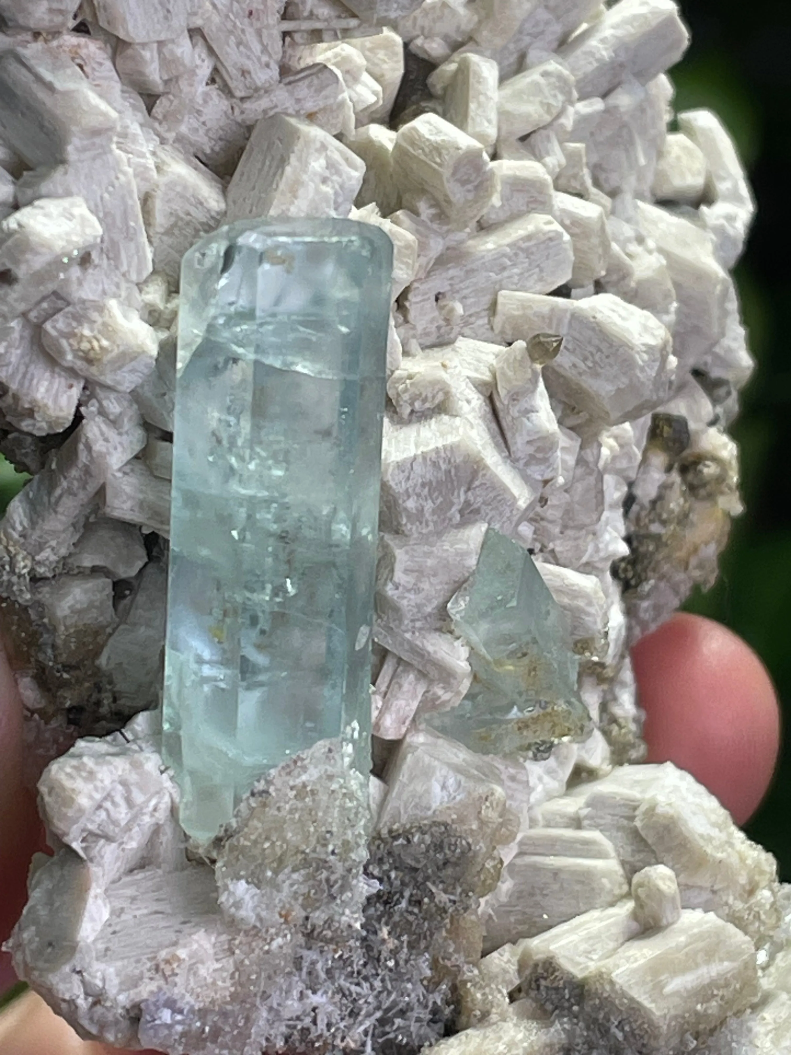 Aquamarine Specimen on Feldspar with Hyalite opal, and Smoky Quartz from Erongo Mountain, Erongo Region, Namibia