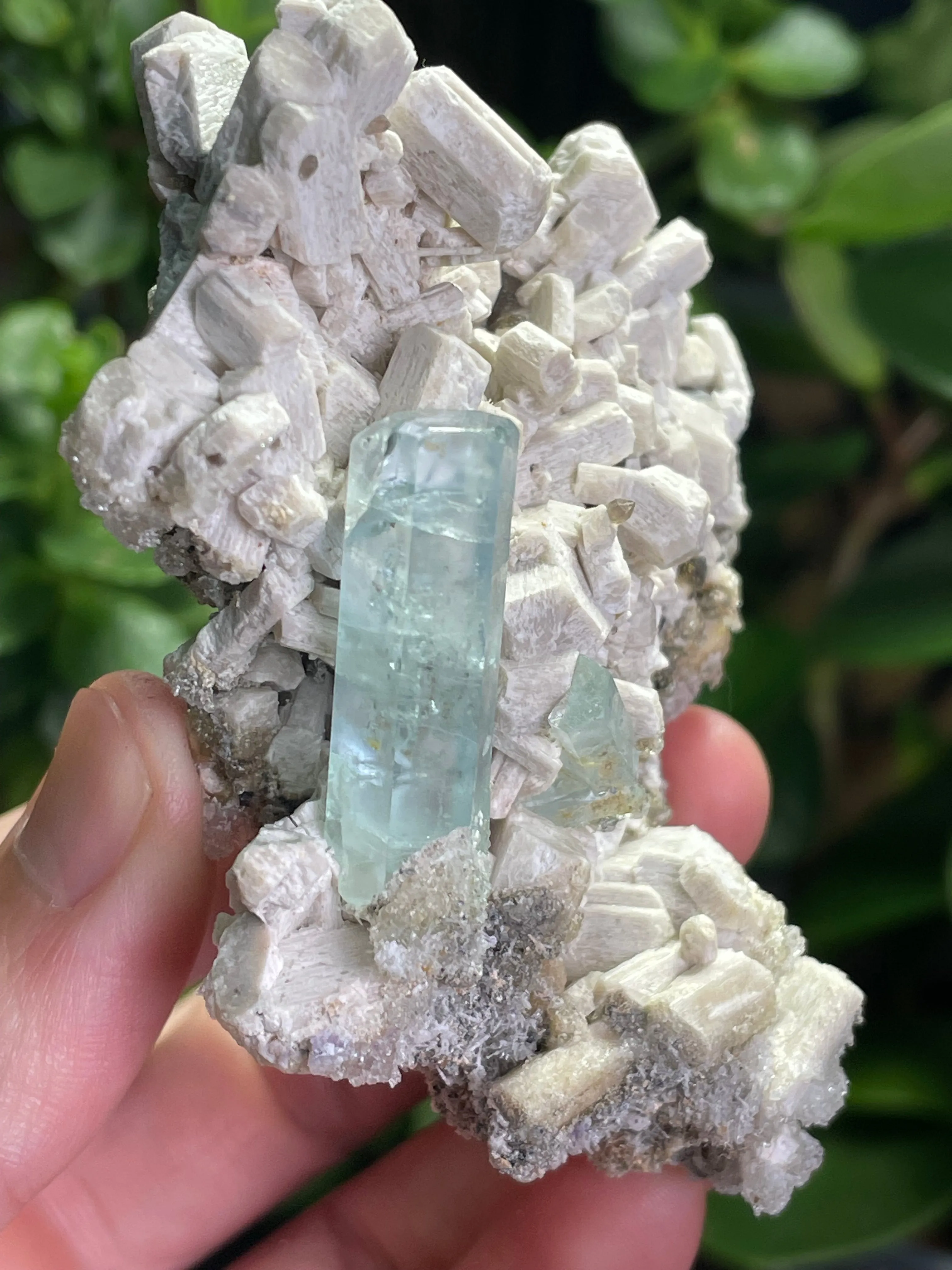 Aquamarine Specimen on Feldspar with Hyalite opal, and Smoky Quartz from Erongo Mountain, Erongo Region, Namibia