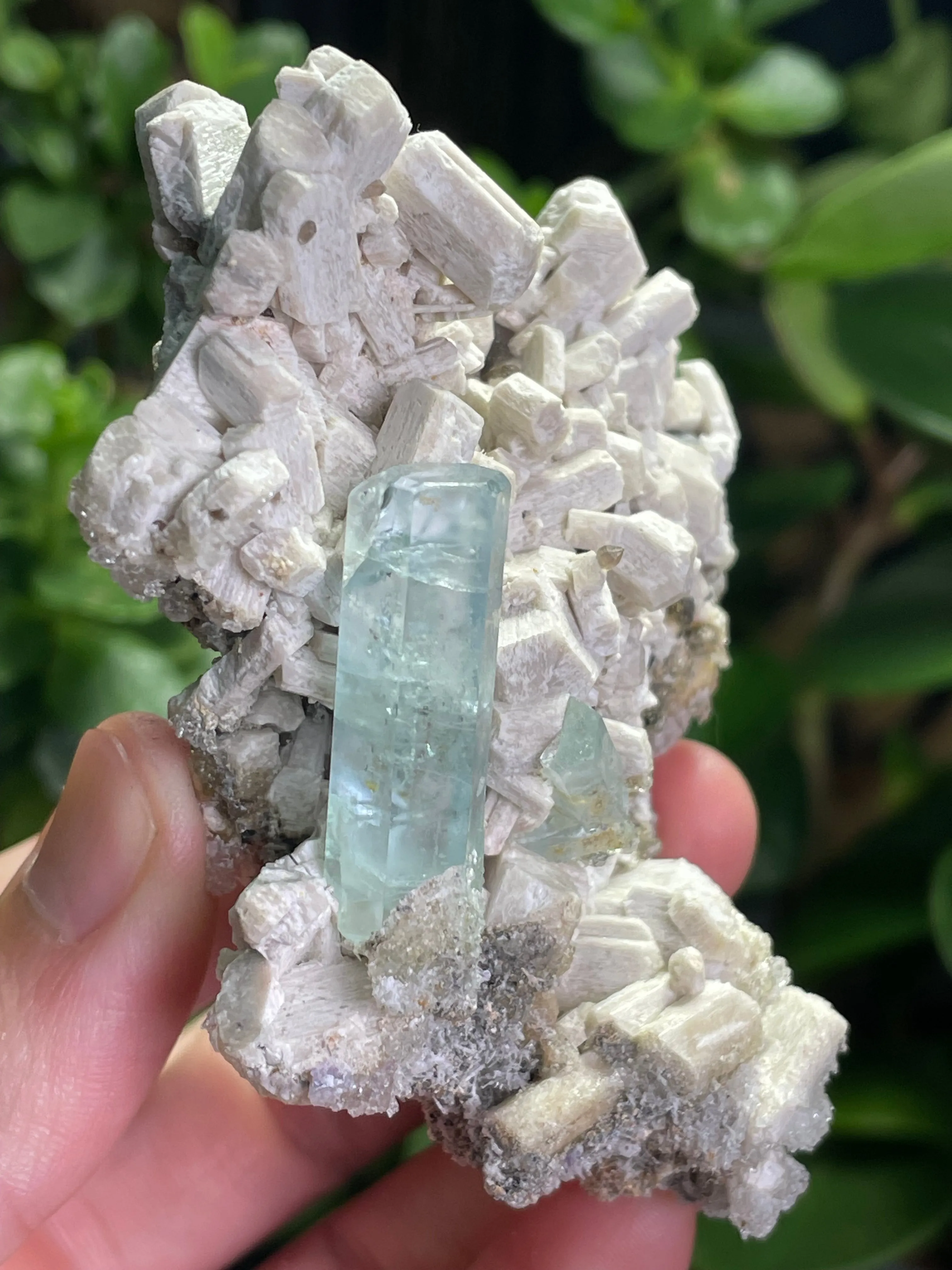 Aquamarine Specimen on Feldspar with Hyalite opal, and Smoky Quartz from Erongo Mountain, Erongo Region, Namibia