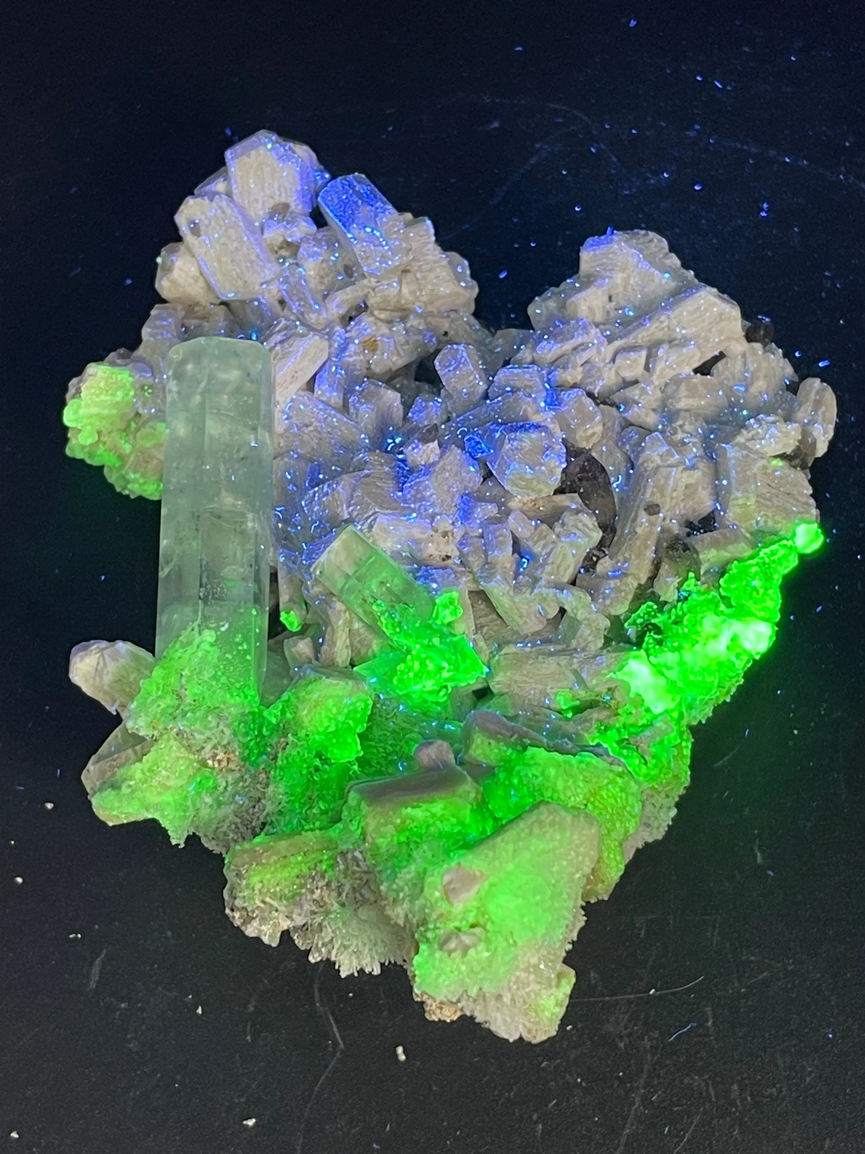 Aquamarine Specimen on Feldspar with Hyalite opal, and Smoky Quartz from Erongo Mountain, Erongo Region, Namibia