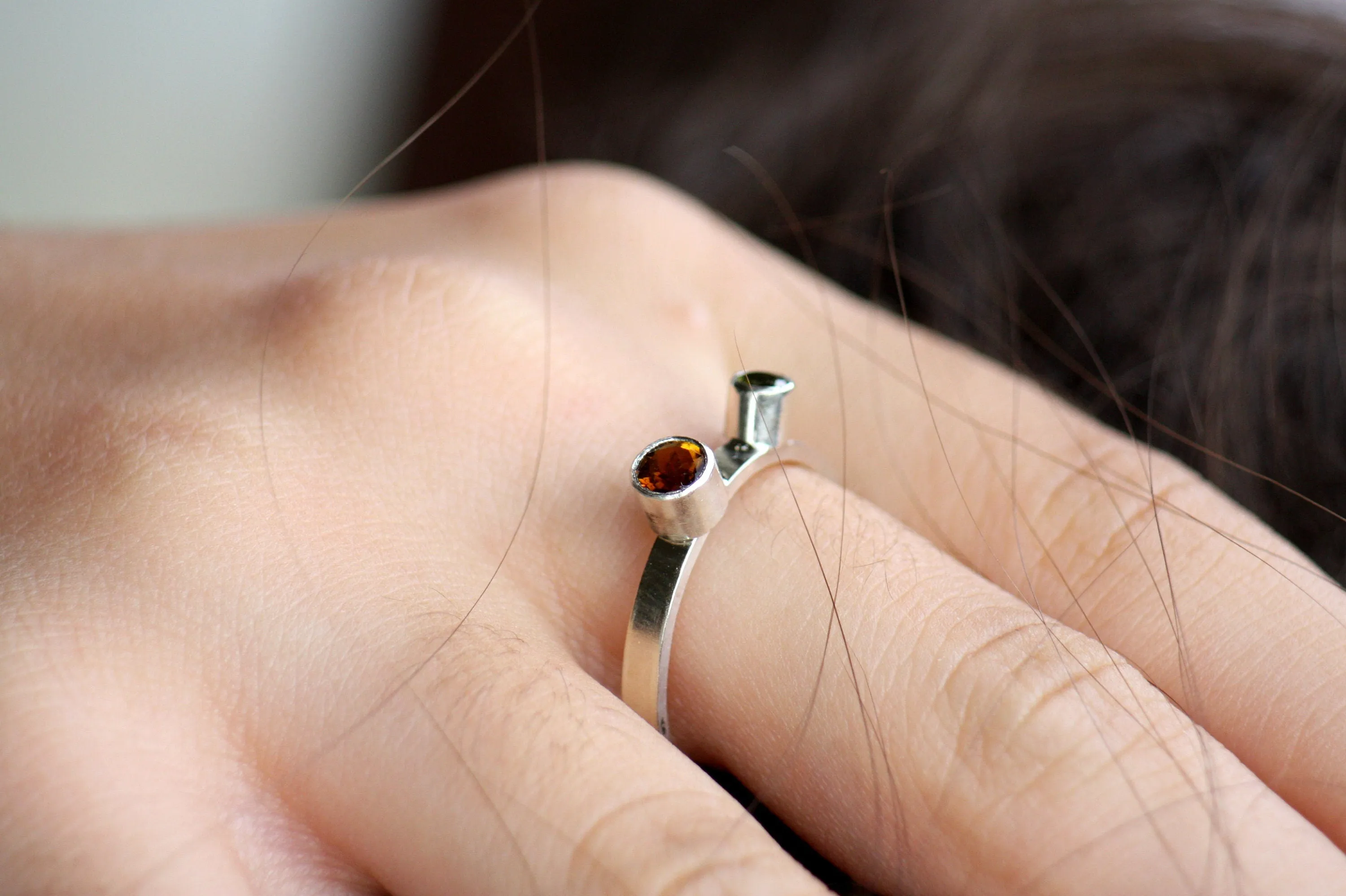 Green and Orange Tourmaline Stacking Ring, Thin Elegant, Dainty ring