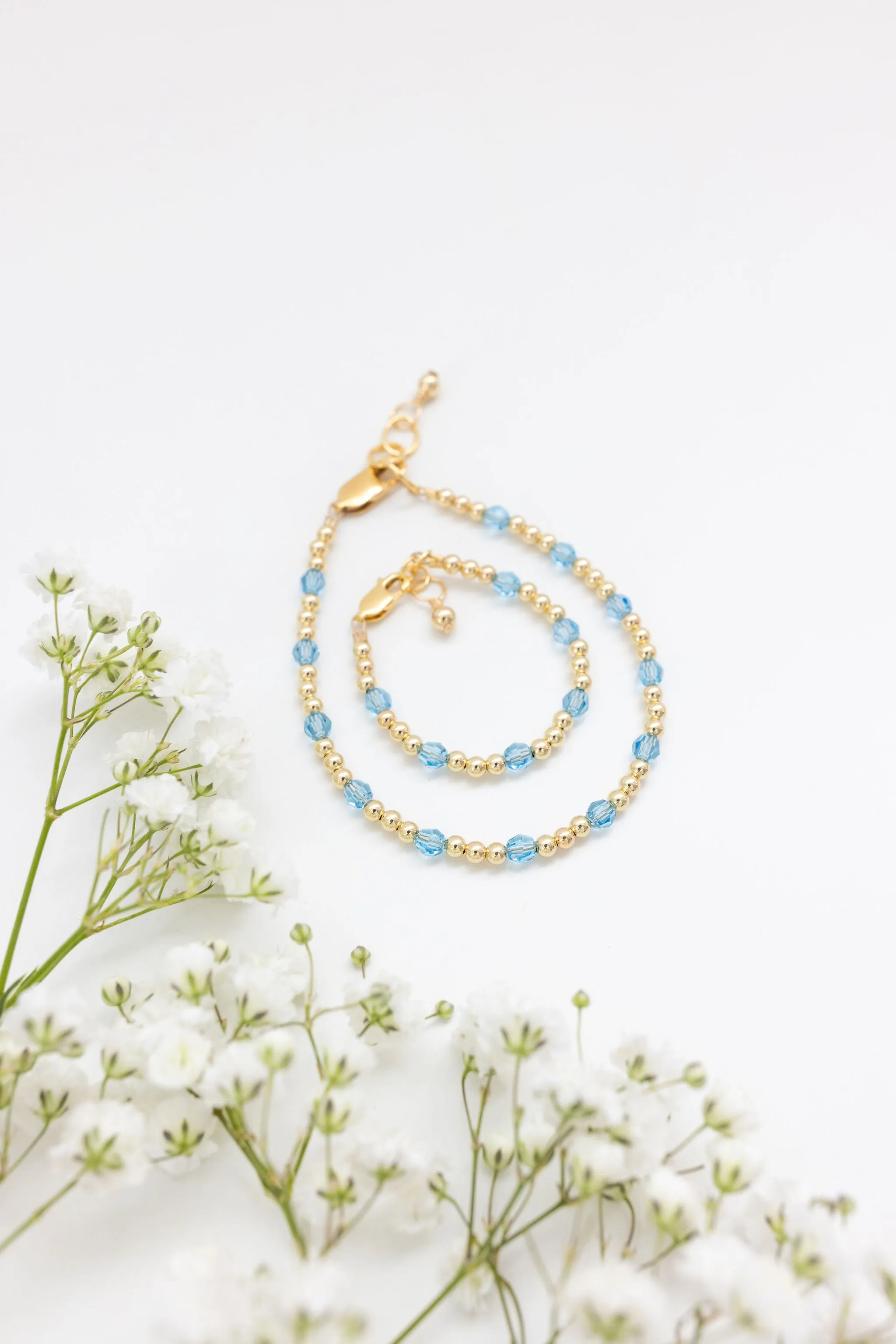 March Birthstone Dotted Mom   Mini Bracelet Set (3MM   4MM Beads)