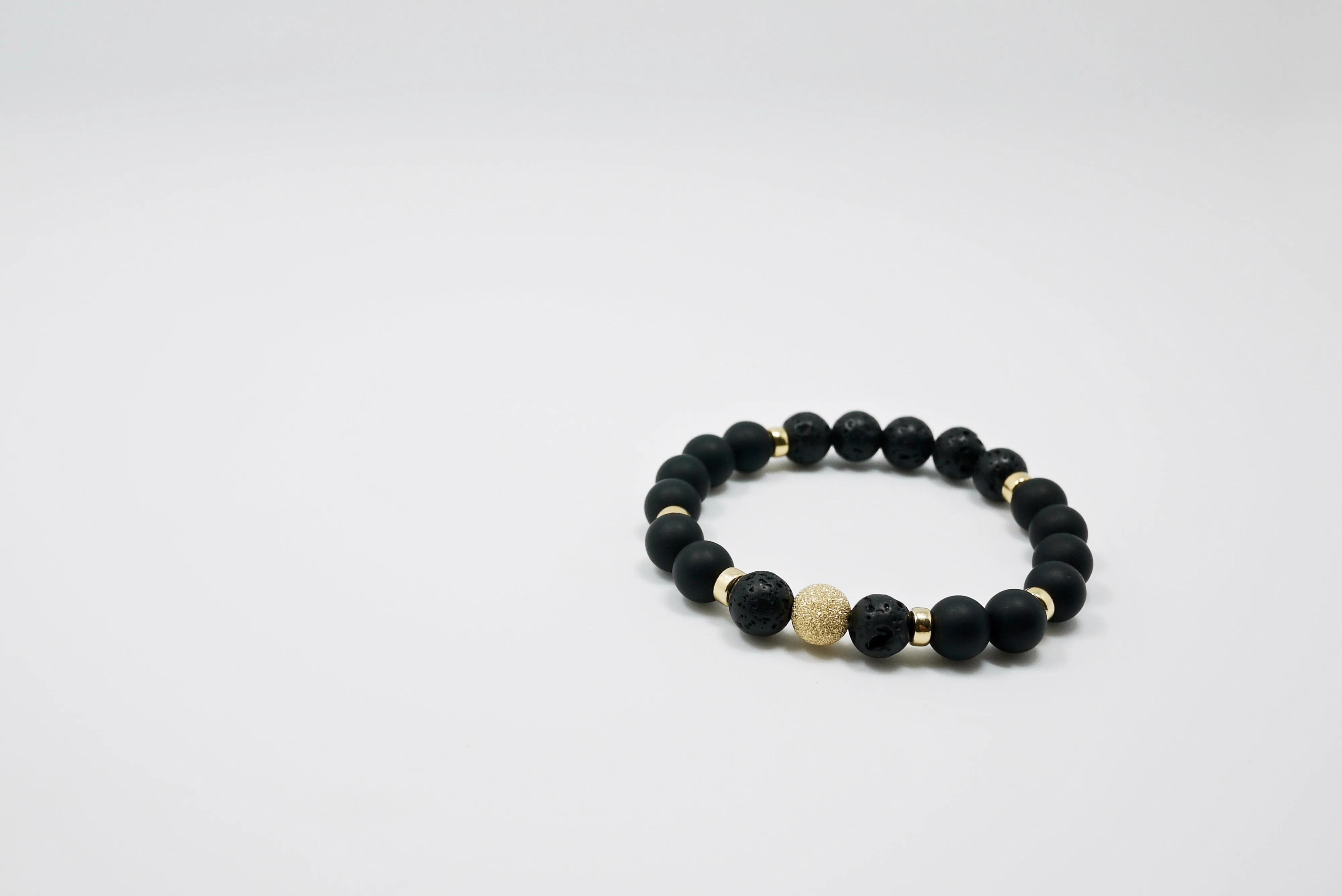 Men's Lava Stone, Matte Agate, and 14K Gold Bead Bracelet