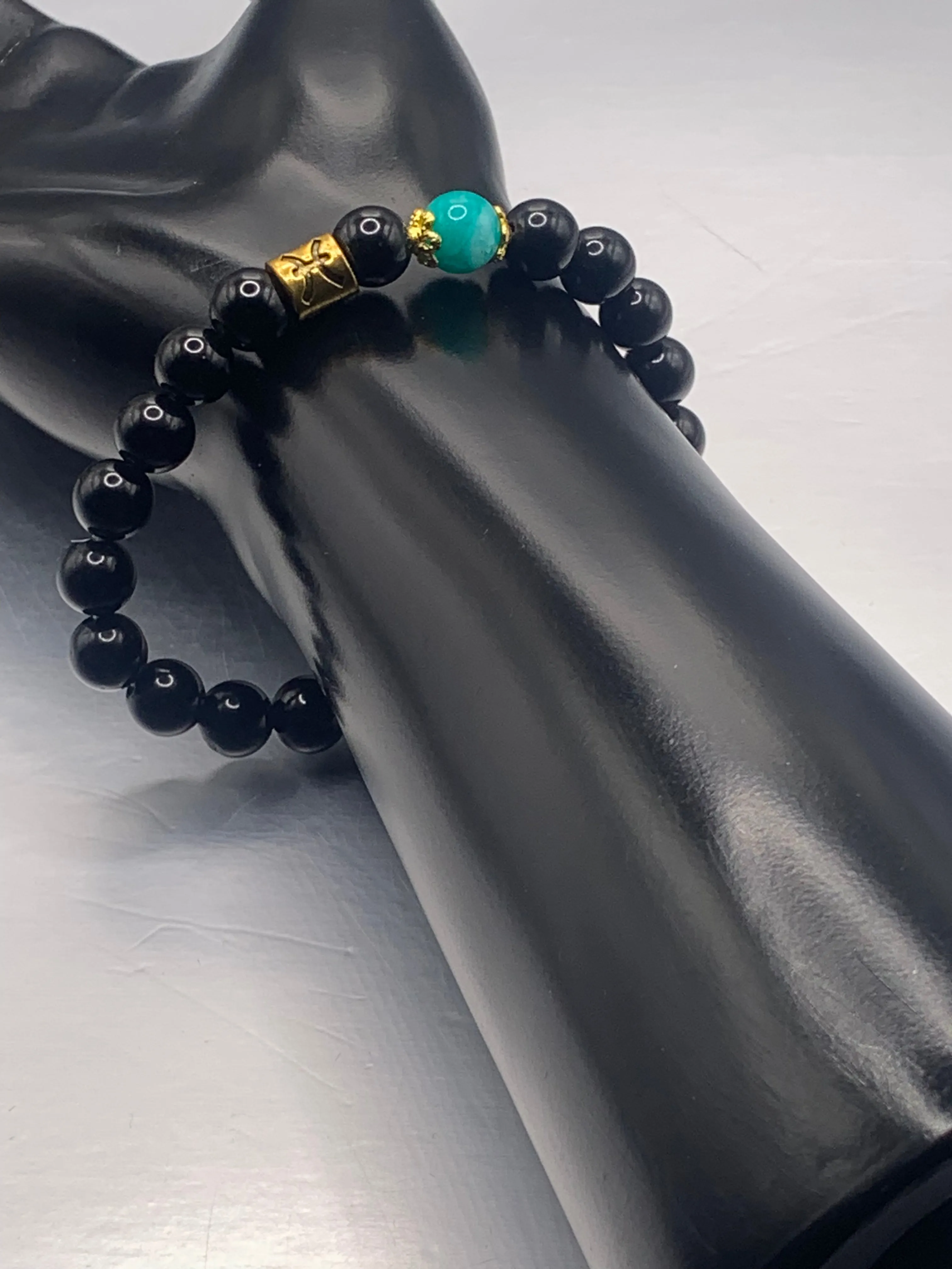 Pisces Zodiac black obsidian with aquamarine chalcedony elastic beaded bracelet with gold accents