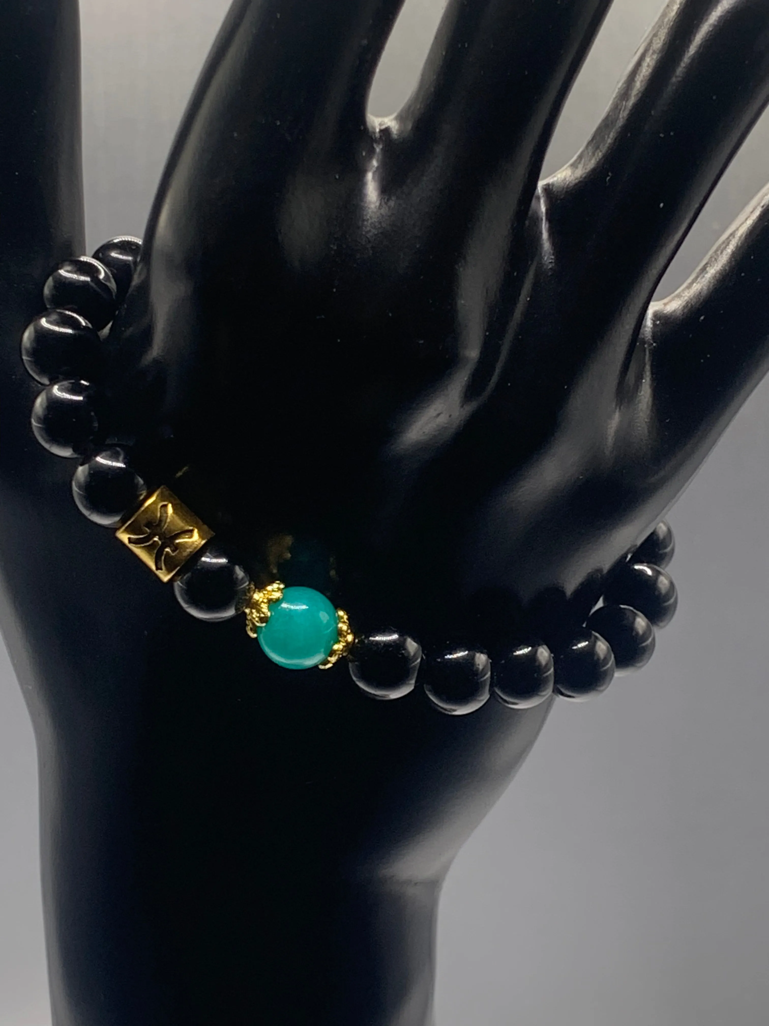 Pisces Zodiac black obsidian with aquamarine chalcedony elastic beaded bracelet with gold accents