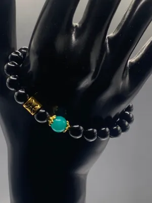Pisces Zodiac black obsidian with aquamarine chalcedony elastic beaded bracelet with gold accents
