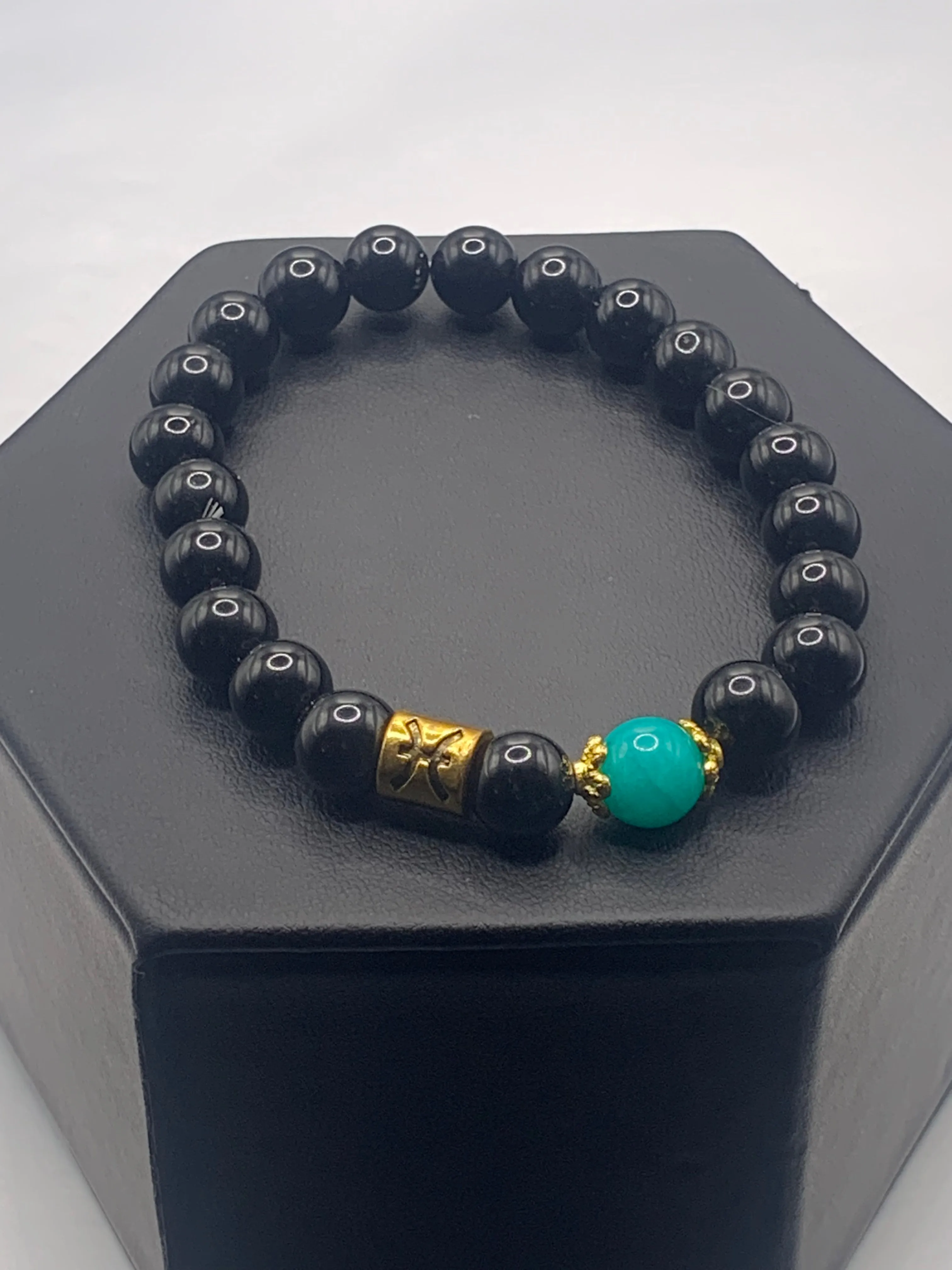Pisces Zodiac black obsidian with aquamarine chalcedony elastic beaded bracelet with gold accents