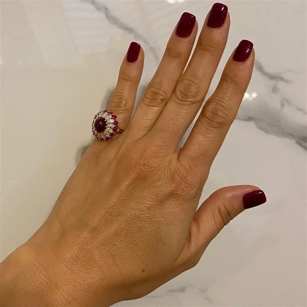 Platinum & 18K 4.91ct Ruby Cabochon BURMA NO HEAT GIA & 1.50tcw Diamond Ring at Regard Jewelry in Austin, Texas