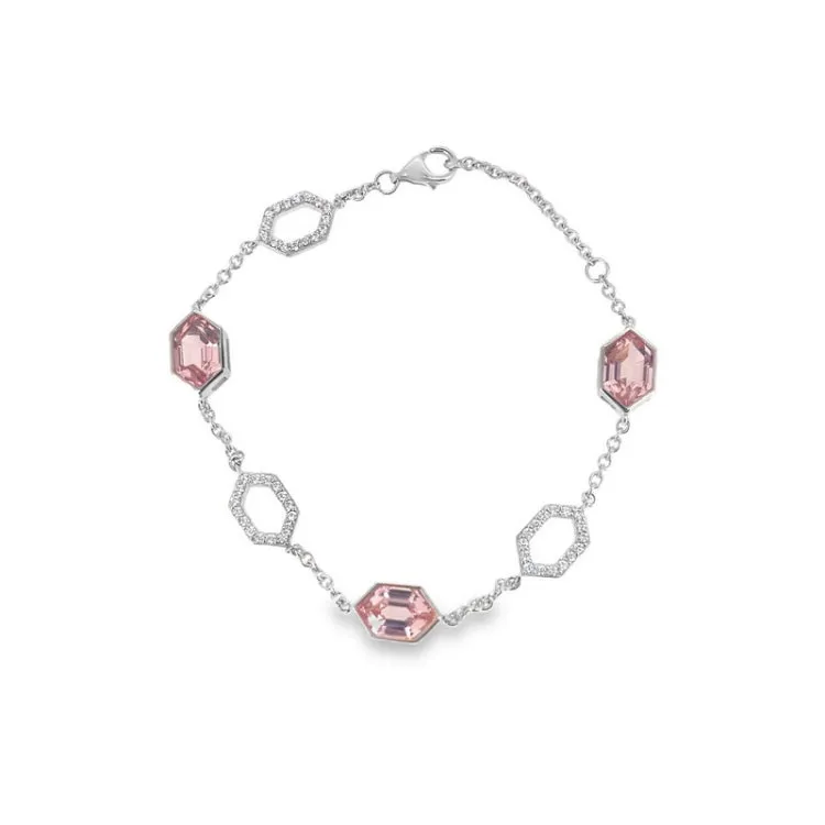 platinum finish sterling micropave bracelet with 3 simulated morganite hexagons and 3 open hexagons with simulated diamonds