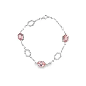 platinum finish sterling micropave bracelet with 3 simulated morganite hexagons and 3 open hexagons with simulated diamonds