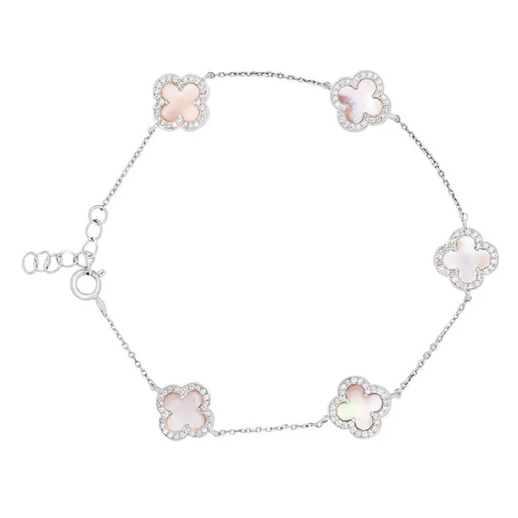 platinum finish sterling silver clover bracelet with pink mop and simulated diamonds on 16"-18" adjustable cable chain