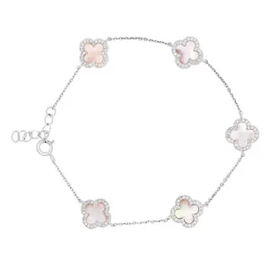 platinum finish sterling silver clover bracelet with pink mop and simulated diamonds on 16"-18" adjustable cable chain