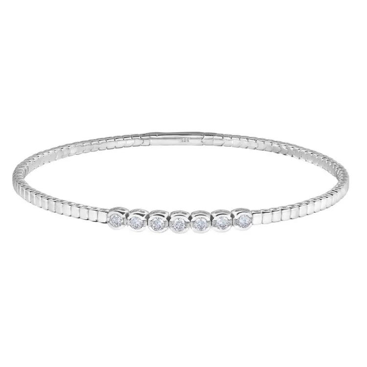 platinum finish sterling silver flexible bracelet with 7 bezel set simulated diamonds