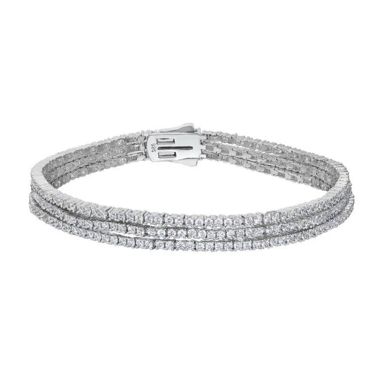 platinum finish sterling silver three row  bracelet with simulated diamonds - 7.25
