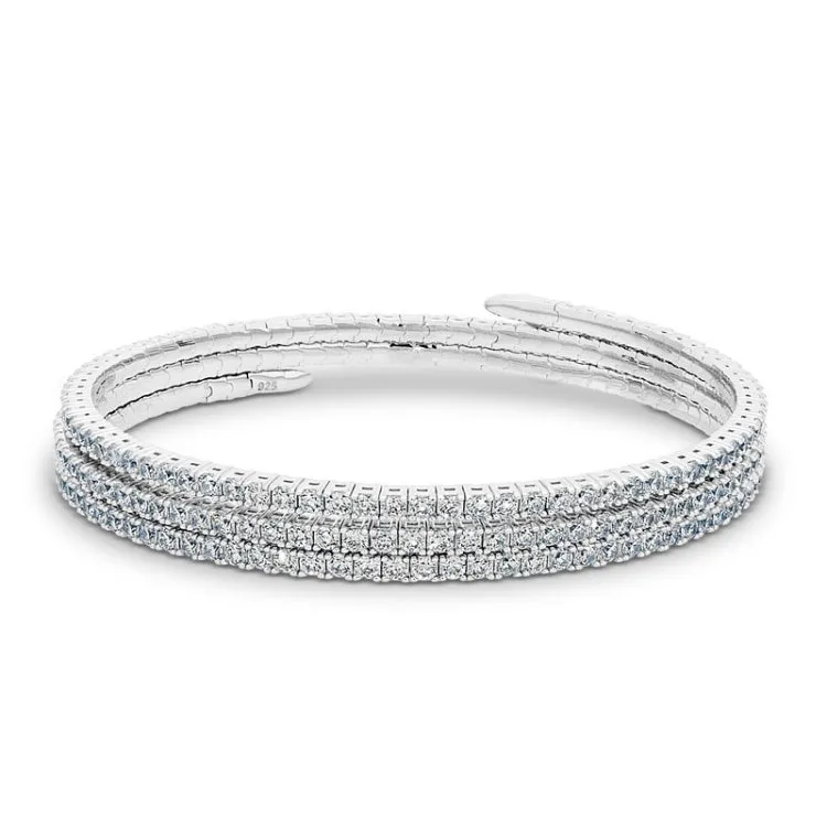 platinum finish sterling silver triple wrap flexible bracelet with simulated diamonds