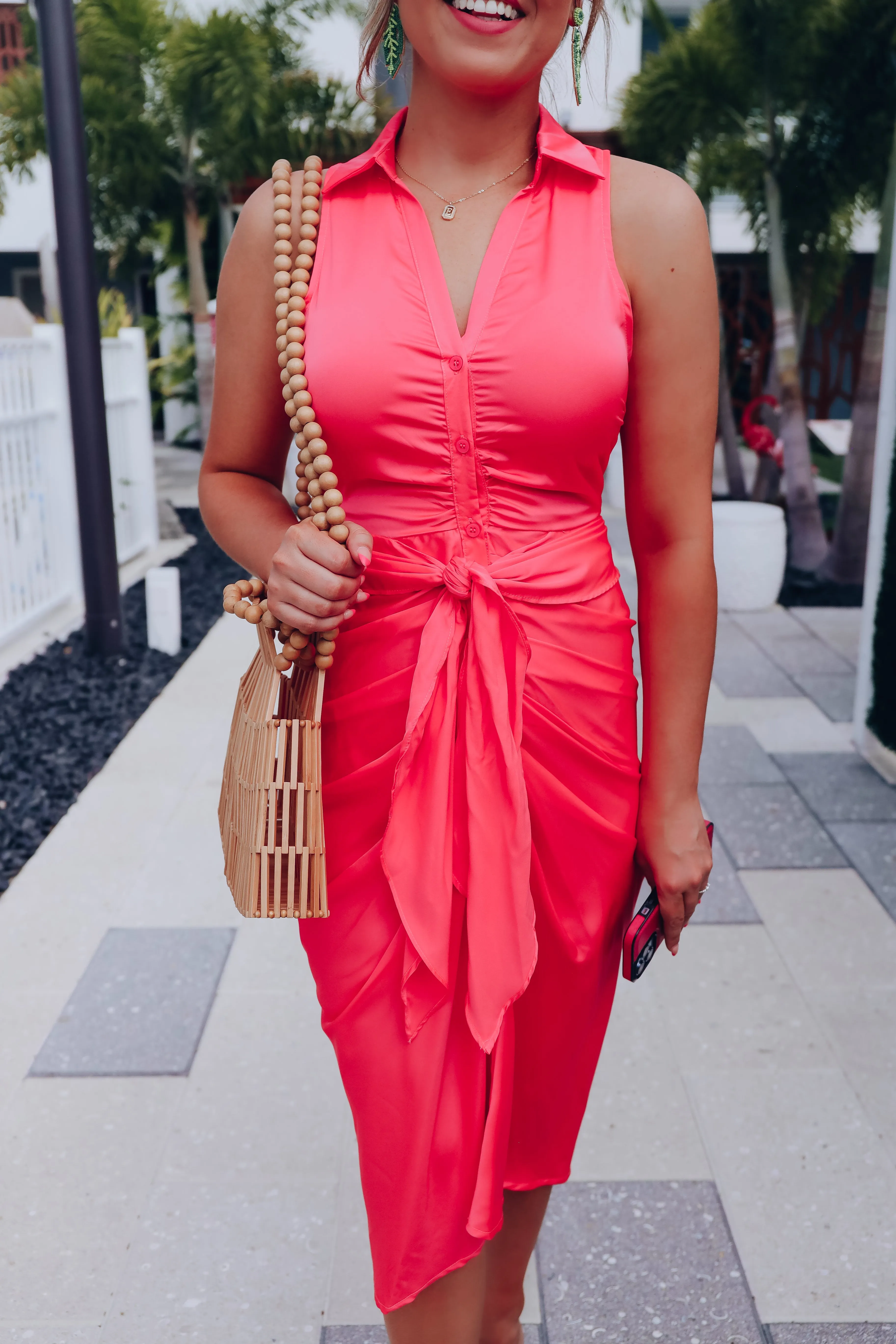 Reckless Tie Front Satin Dress - Coral