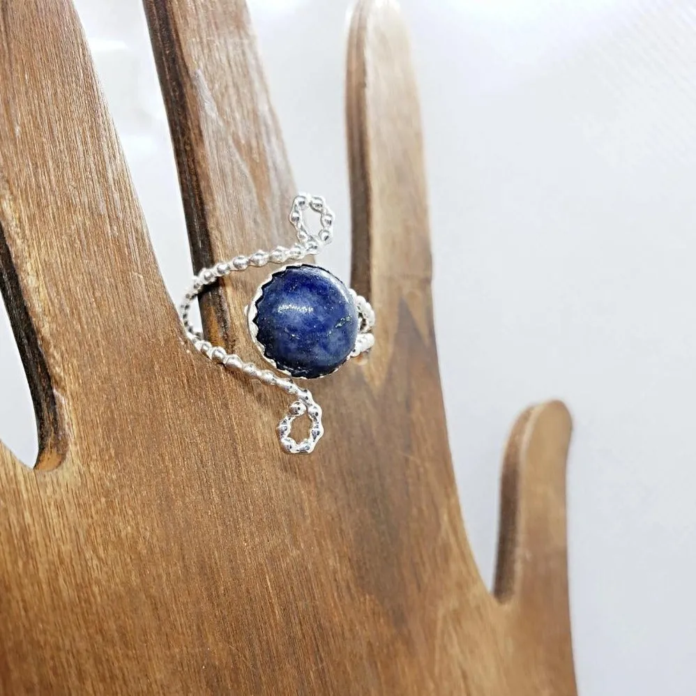 Sterling Silver Adjustable Ring With Lapis Lazuli Cabochon