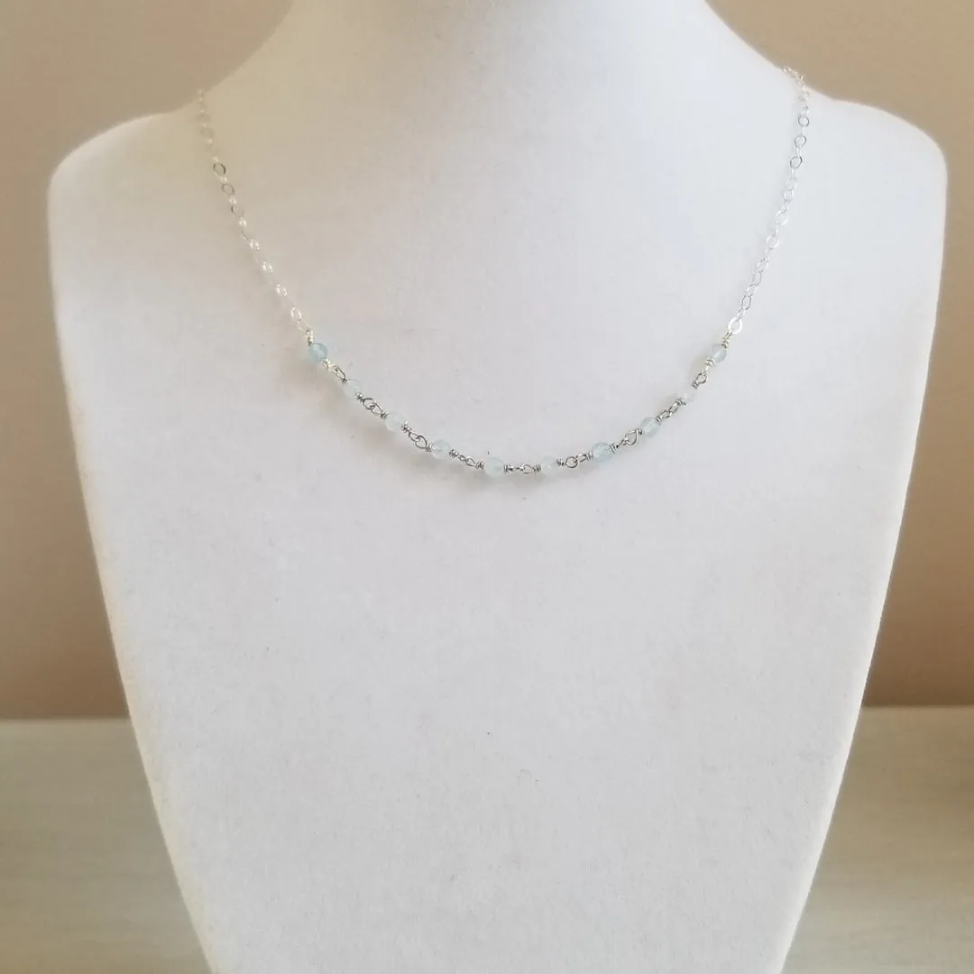 Sterling Silver Aquamarine Necklace, Dainty Beaded Necklace