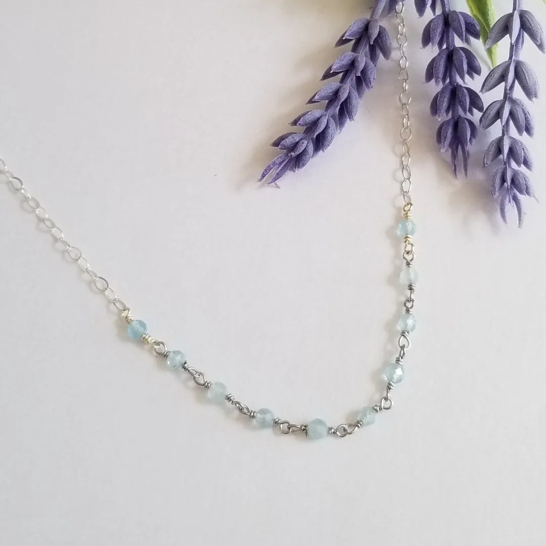 Sterling Silver Aquamarine Necklace, Dainty Beaded Necklace