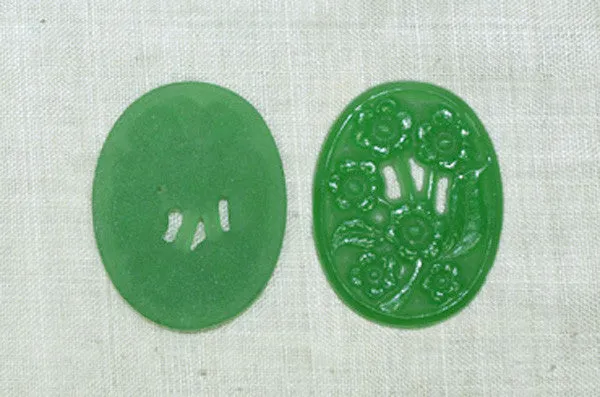 Vintage Glass Cabochons, Jade Green Floral Oval
