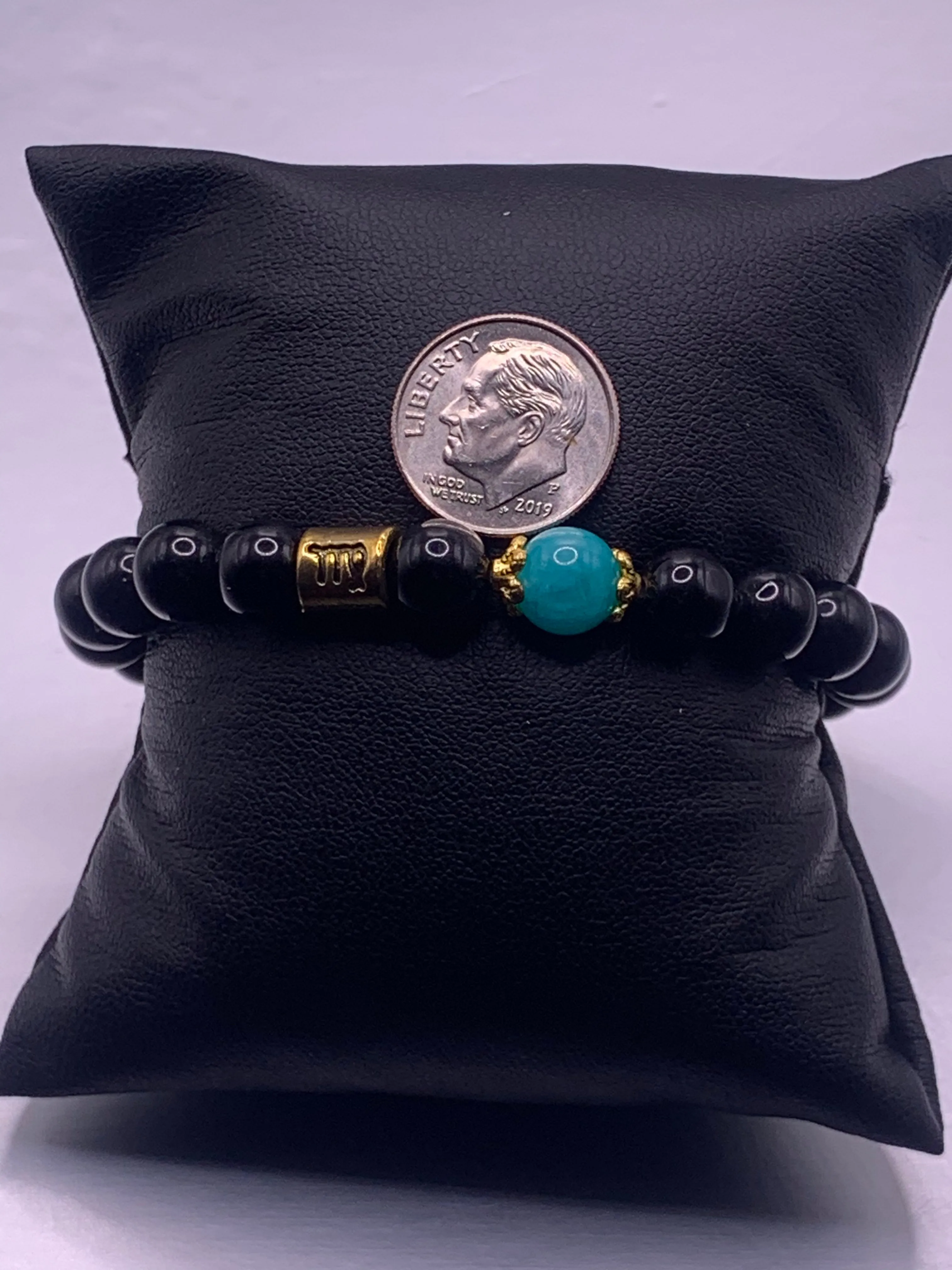 Virgo  Zodiac black obsidian with aquamarine chalcedony semi precious stone/crystal elastic beaded bracelet with gold accents