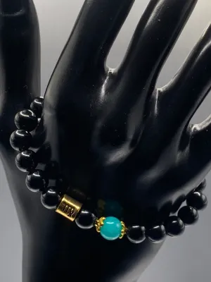 Virgo  Zodiac black obsidian with aquamarine chalcedony semi precious stone/crystal elastic beaded bracelet with gold accents