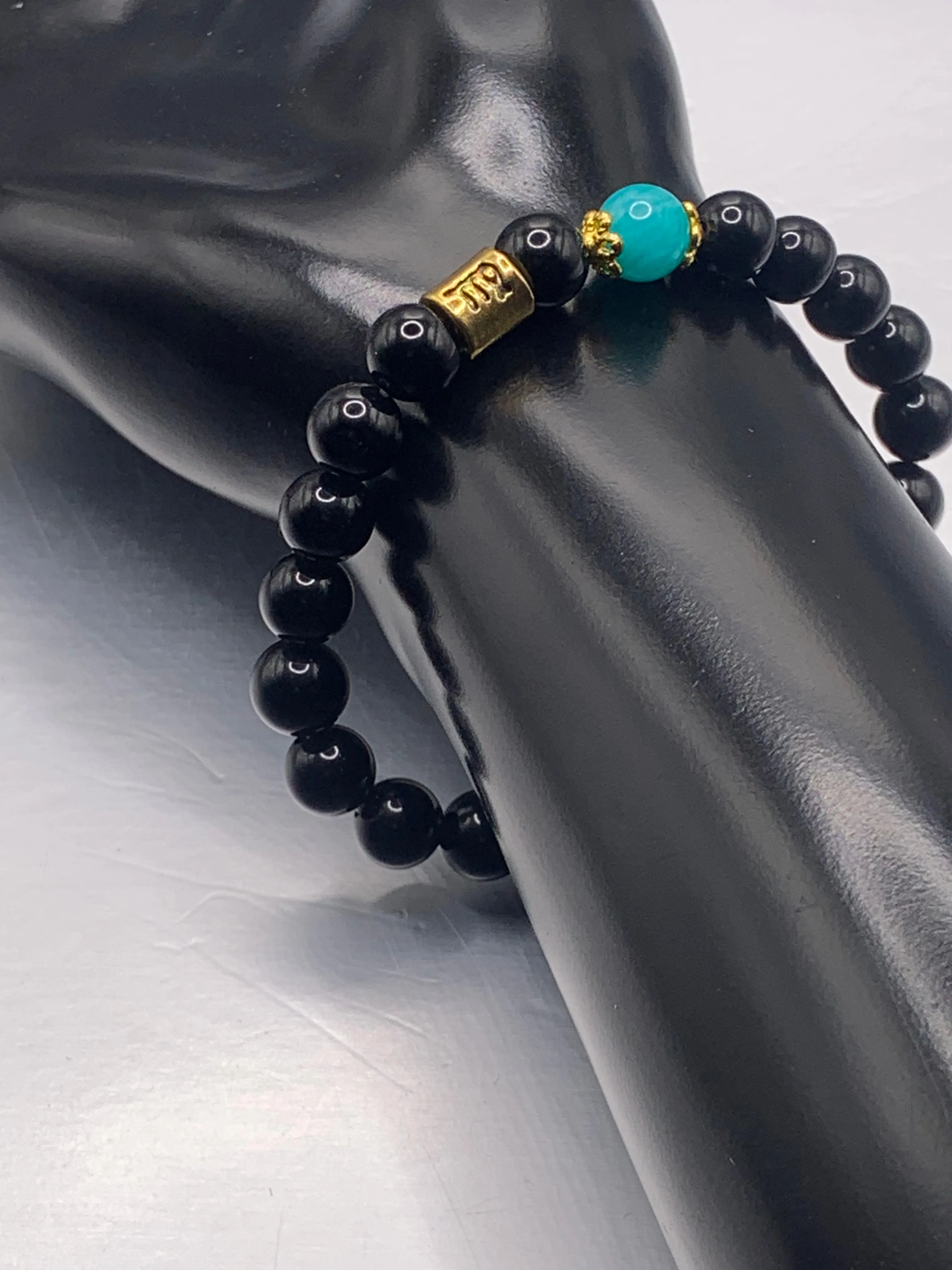 Virgo  Zodiac black obsidian with aquamarine chalcedony semi precious stone/crystal elastic beaded bracelet with gold accents