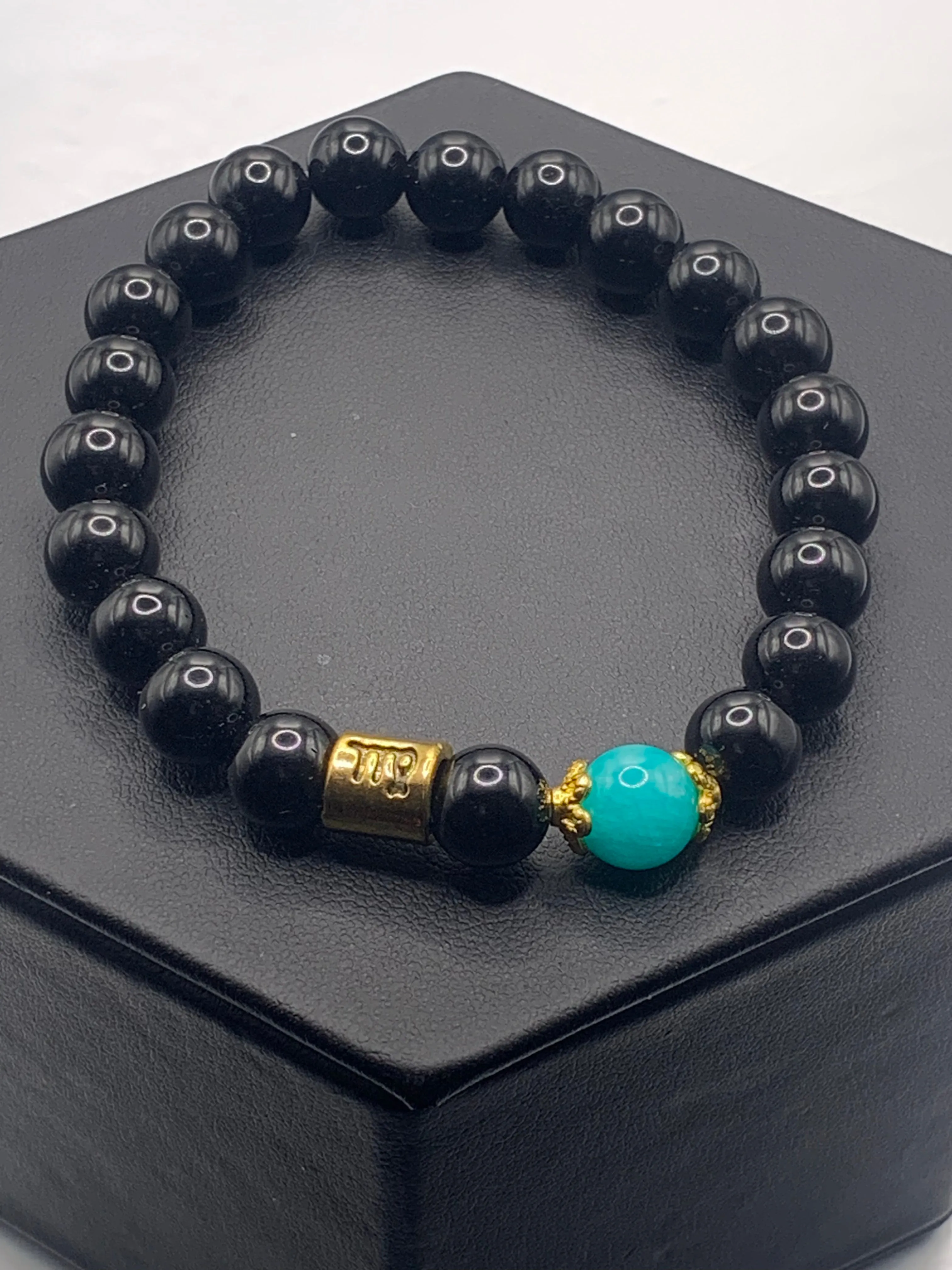 Virgo  Zodiac black obsidian with aquamarine chalcedony semi precious stone/crystal elastic beaded bracelet with gold accents